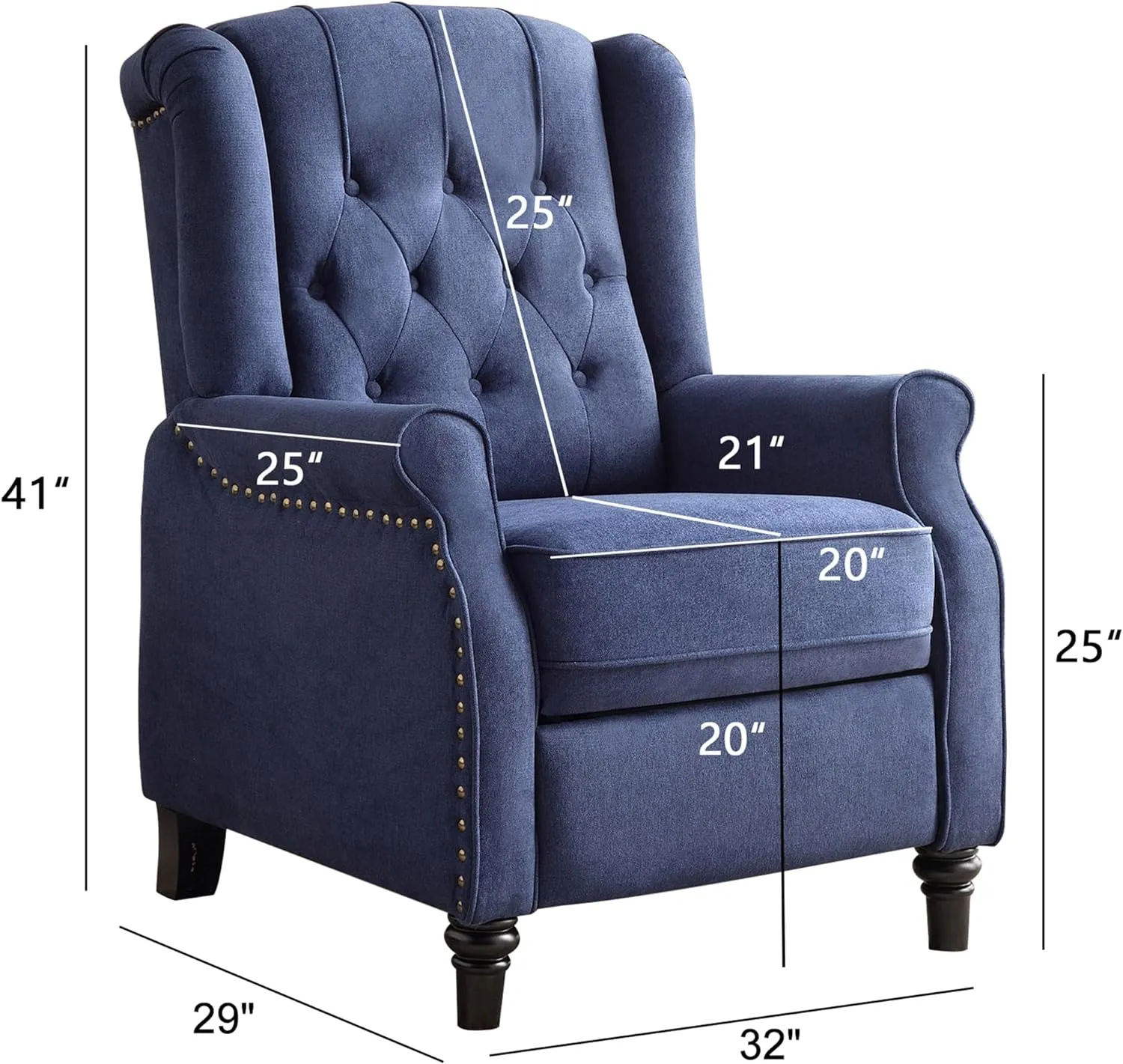 Wingback Pushback Recliner Chair, High Back Upholstered Armchair with Solid Wood Legs, Rivet Decoration, Blue