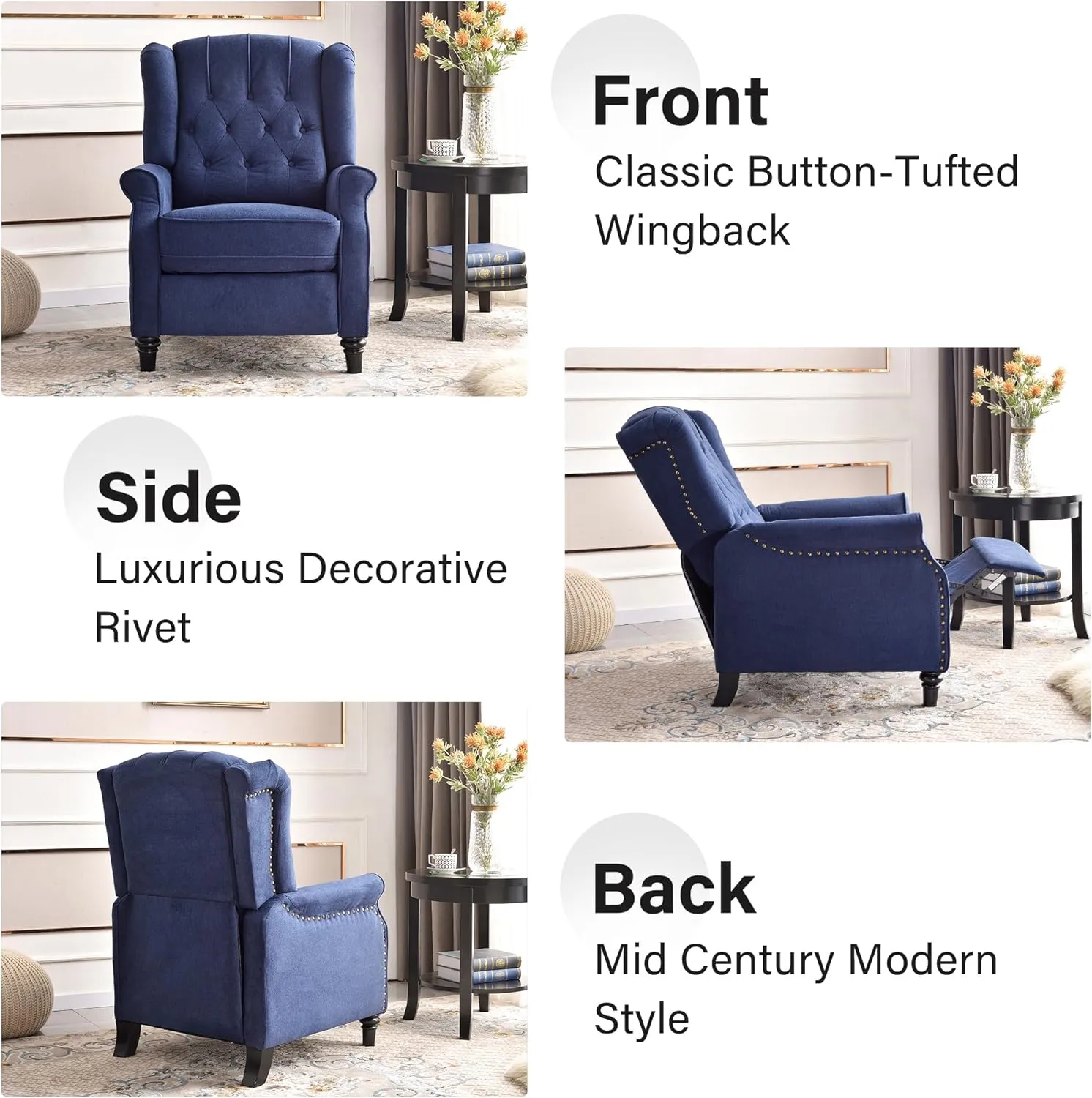 Wingback Pushback Recliner Chair, High Back Upholstered Armchair with Solid Wood Legs, Rivet Decoration, Blue