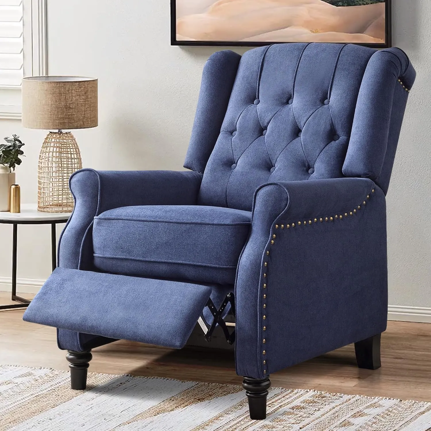 Wingback Pushback Recliner Chair, High Back Upholstered Armchair with Solid Wood Legs, Rivet Decoration, Blue