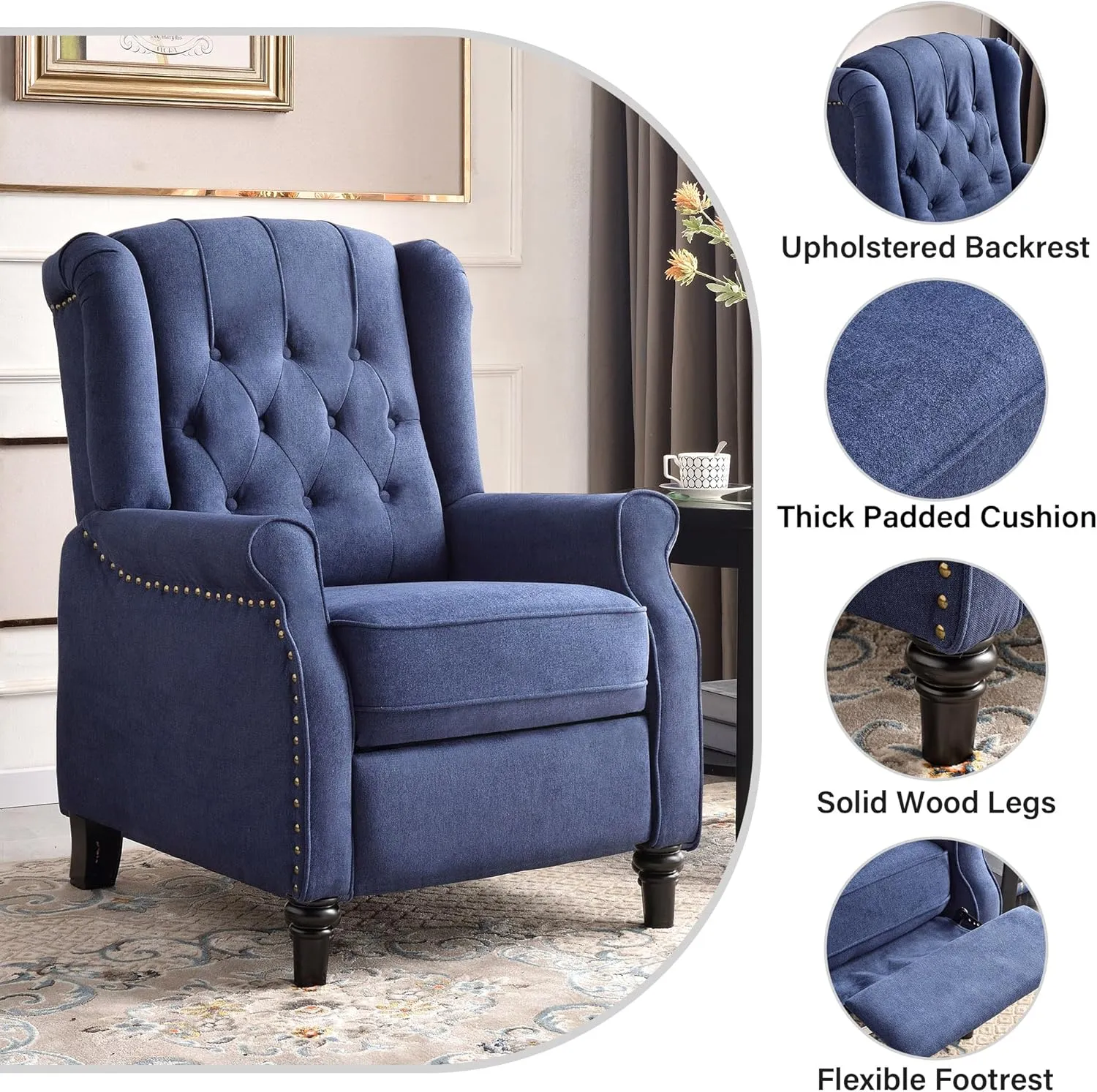 Wingback Pushback Recliner Chair, High Back Upholstered Armchair with Solid Wood Legs, Rivet Decoration, Blue