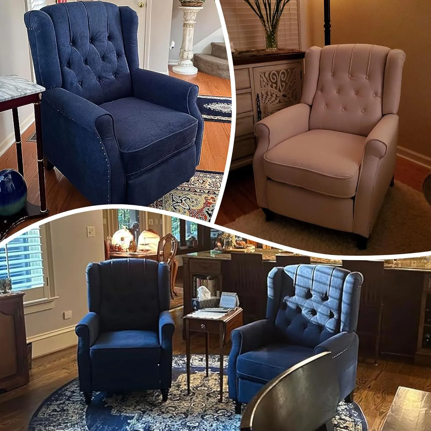 Wingback Pushback Recliner Chair, High Back Upholstered Armchair with Solid Wood Legs, Rivet Decoration, Blue