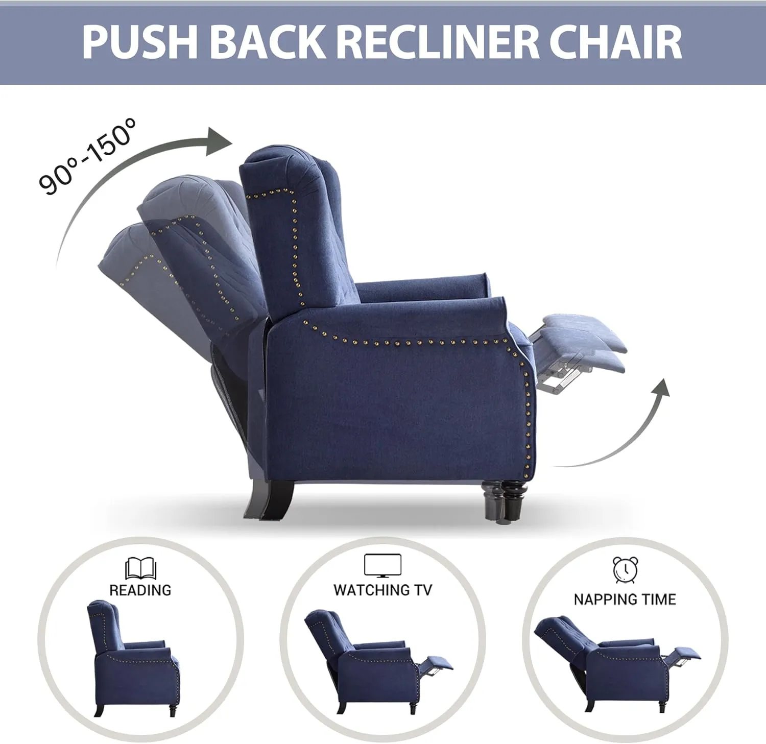 Wingback Pushback Recliner Chair, High Back Upholstered Armchair with Solid Wood Legs, Rivet Decoration, Blue