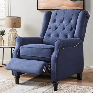 Wingback Pushback Recliner Chair, High Back Upholstered Armchair with Solid Wood Legs, Rivet Decoration, Blue