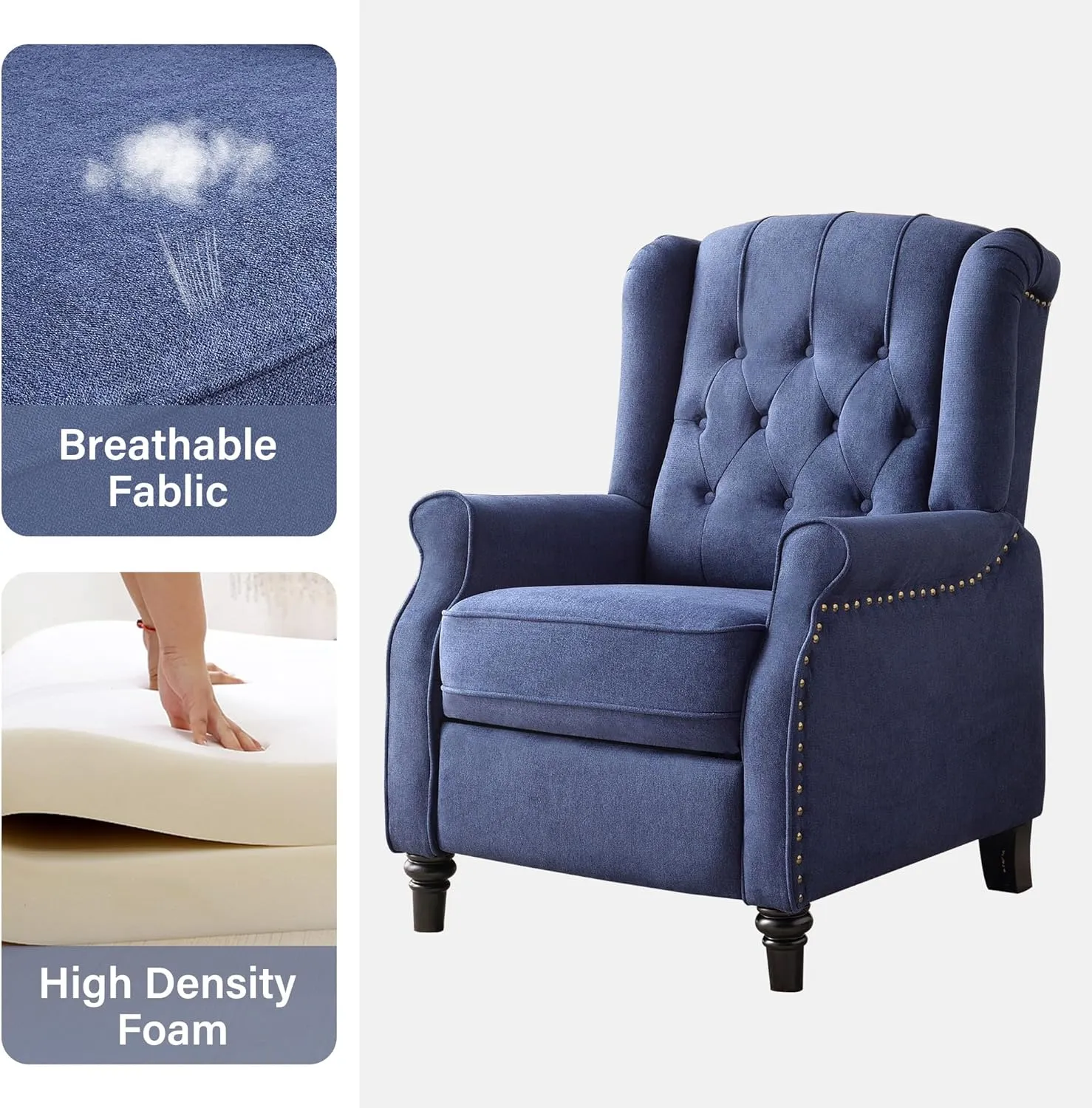 Wingback Pushback Recliner Chair, High Back Upholstered Armchair with Solid Wood Legs, Rivet Decoration, Blue