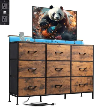 WLIVE Dresser TV Stand for 50, 55 inch, Led Chest of Drawers for Bedroom, Rustic Brown Dresser for Bedroom with LED Lights and Charging Station, 9 Fabric Drawers, Wood Top, Living Room, Closet