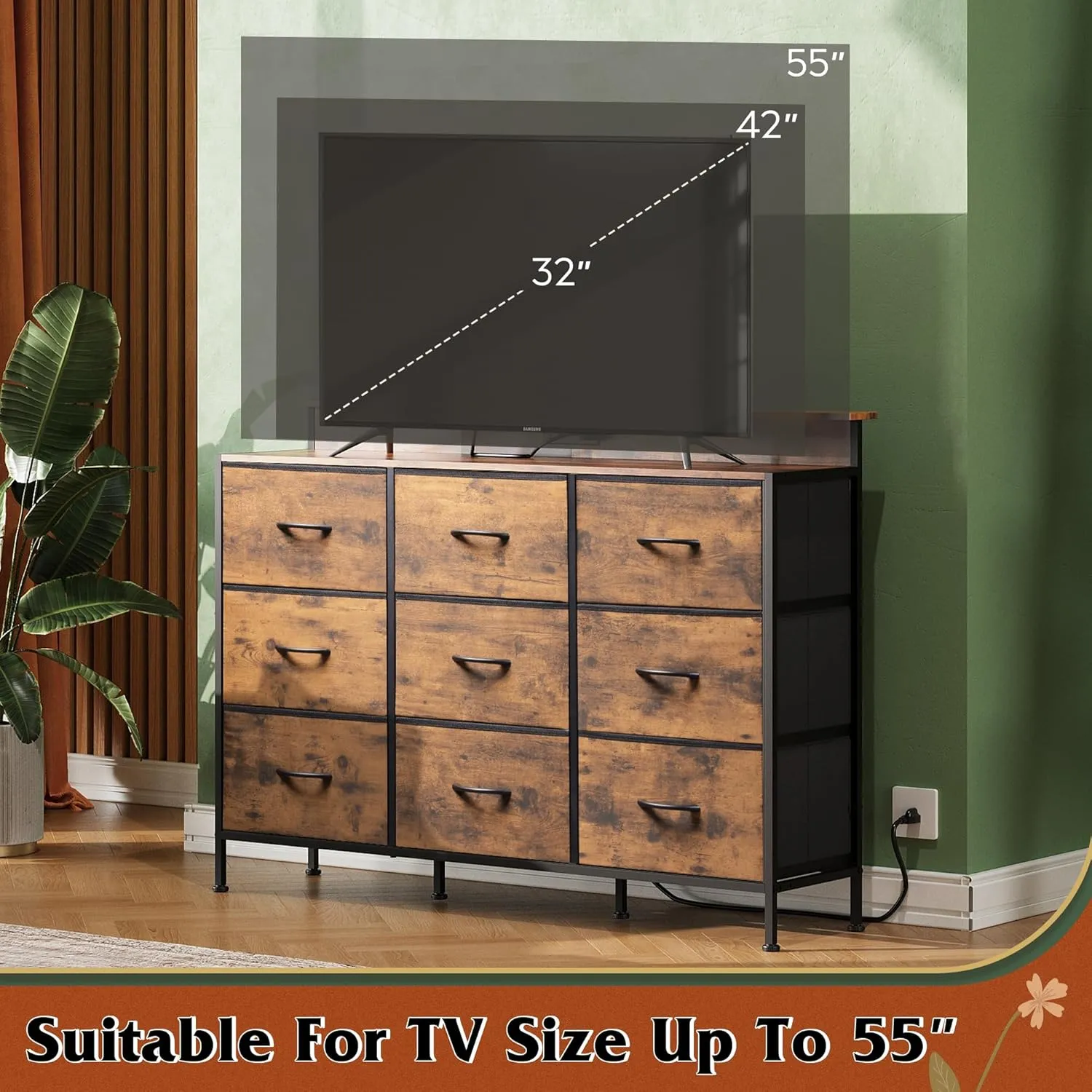 WLIVE Dresser TV Stand for 50, 55 inch, Led Chest of Drawers for Bedroom, Rustic Brown Dresser for Bedroom with LED Lights and Charging Station, 9 Fabric Drawers, Wood Top, Living Room, Closet