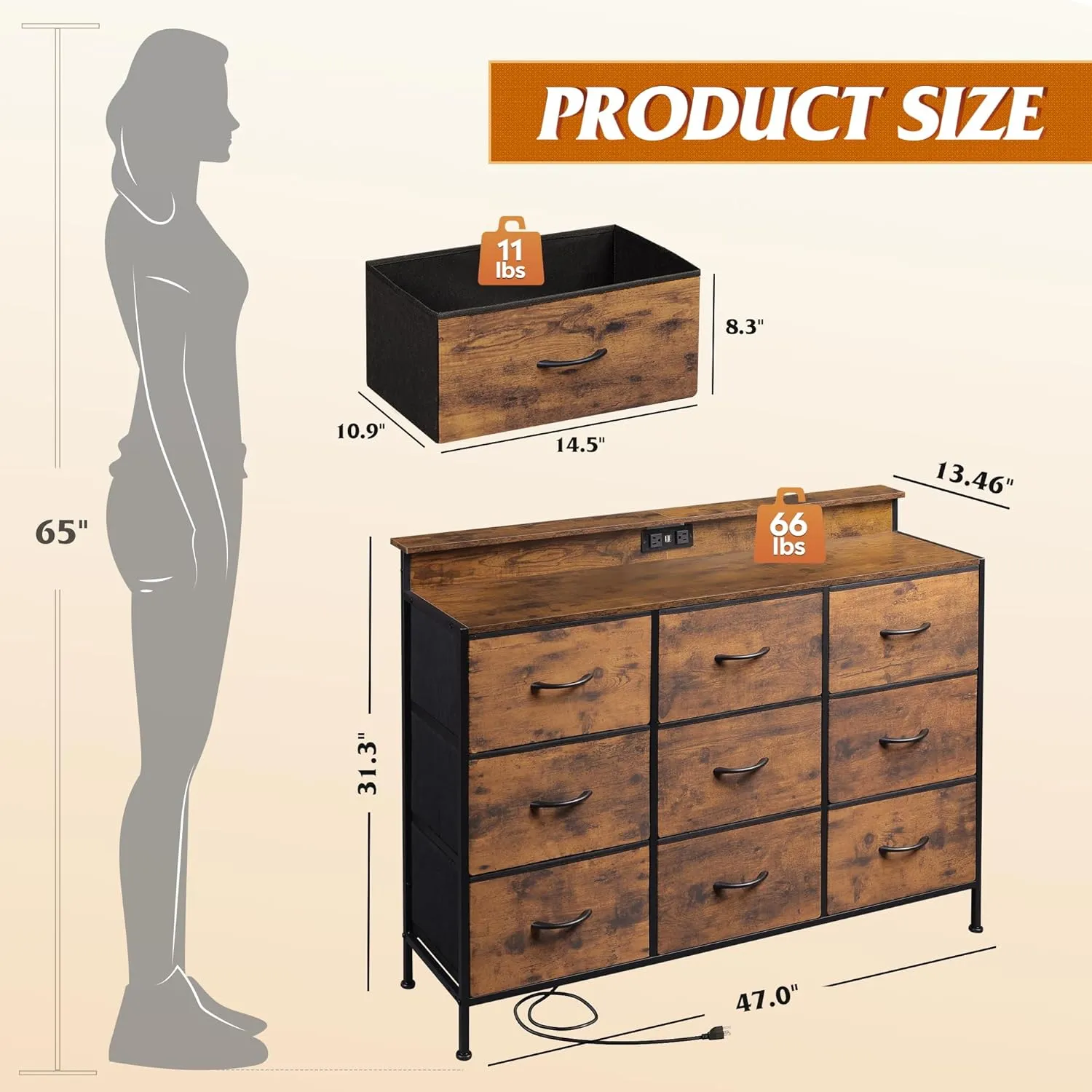 WLIVE Dresser TV Stand for 50, 55 inch, Led Chest of Drawers for Bedroom, Rustic Brown Dresser for Bedroom with LED Lights and Charging Station, 9 Fabric Drawers, Wood Top, Living Room, Closet
