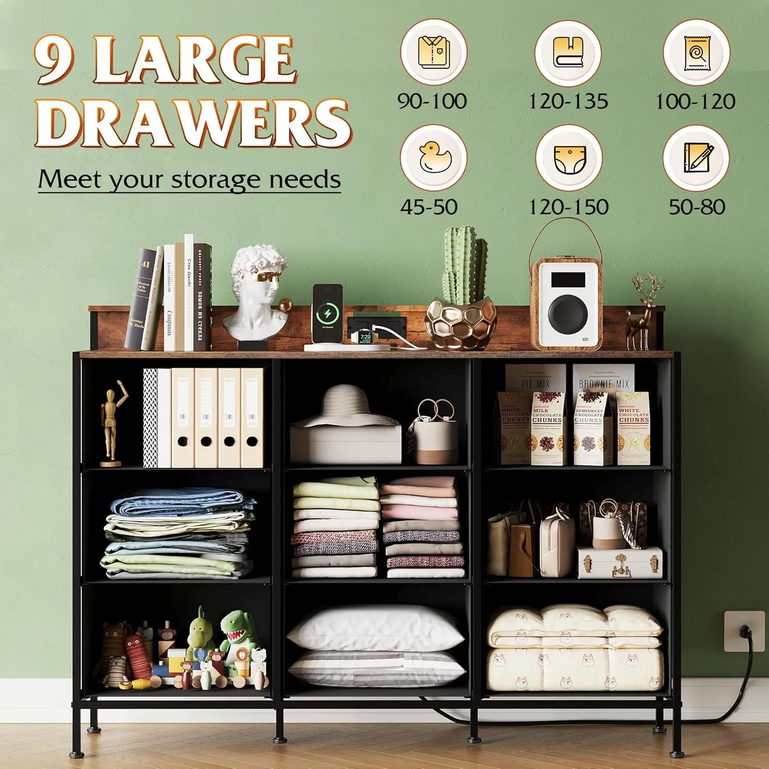WLIVE Dresser TV Stand for 50, 55 inch, Led Chest of Drawers for Bedroom, Rustic Brown Dresser for Bedroom with LED Lights and Charging Station, 9 Fabric Drawers, Wood Top, Living Room, Closet