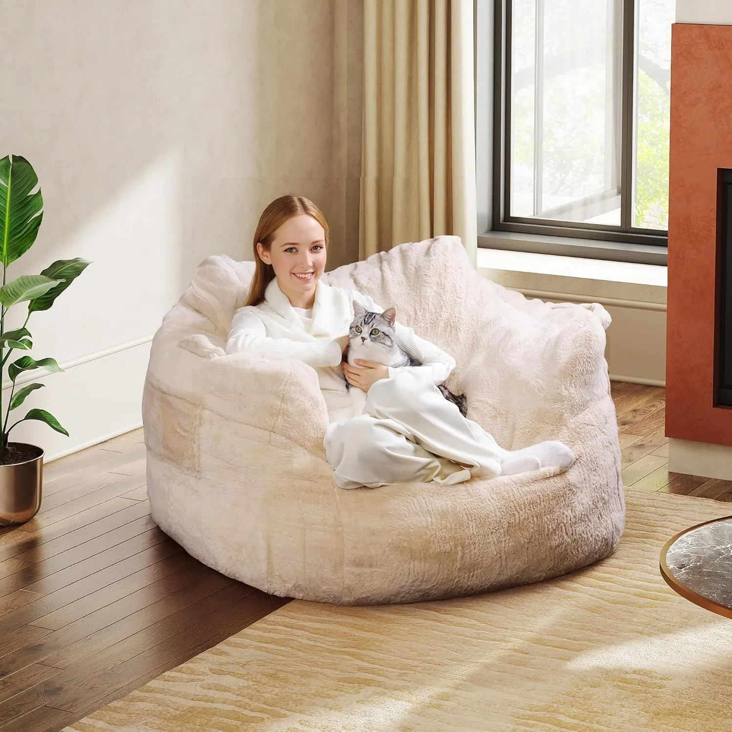 WLIVE Giant Bean Bag Chair, Bean Bag Sofa with Armrests for Adults, Bean Bag Couch with High-Density Memory Foam for Livingroom, Bedroom, Beige