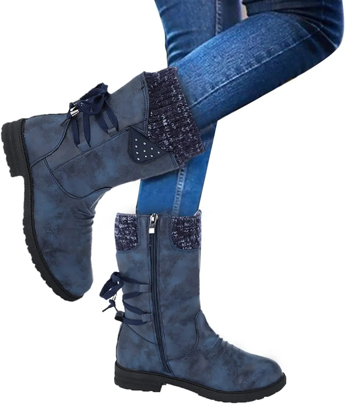 Women Snow Boots Knit Calf Waterproof Winter Boots Non Slip Fully Fur Booties Winter Warm Outdoor Ankle Boots Comfortable Winter Shoes Trekking Shoes