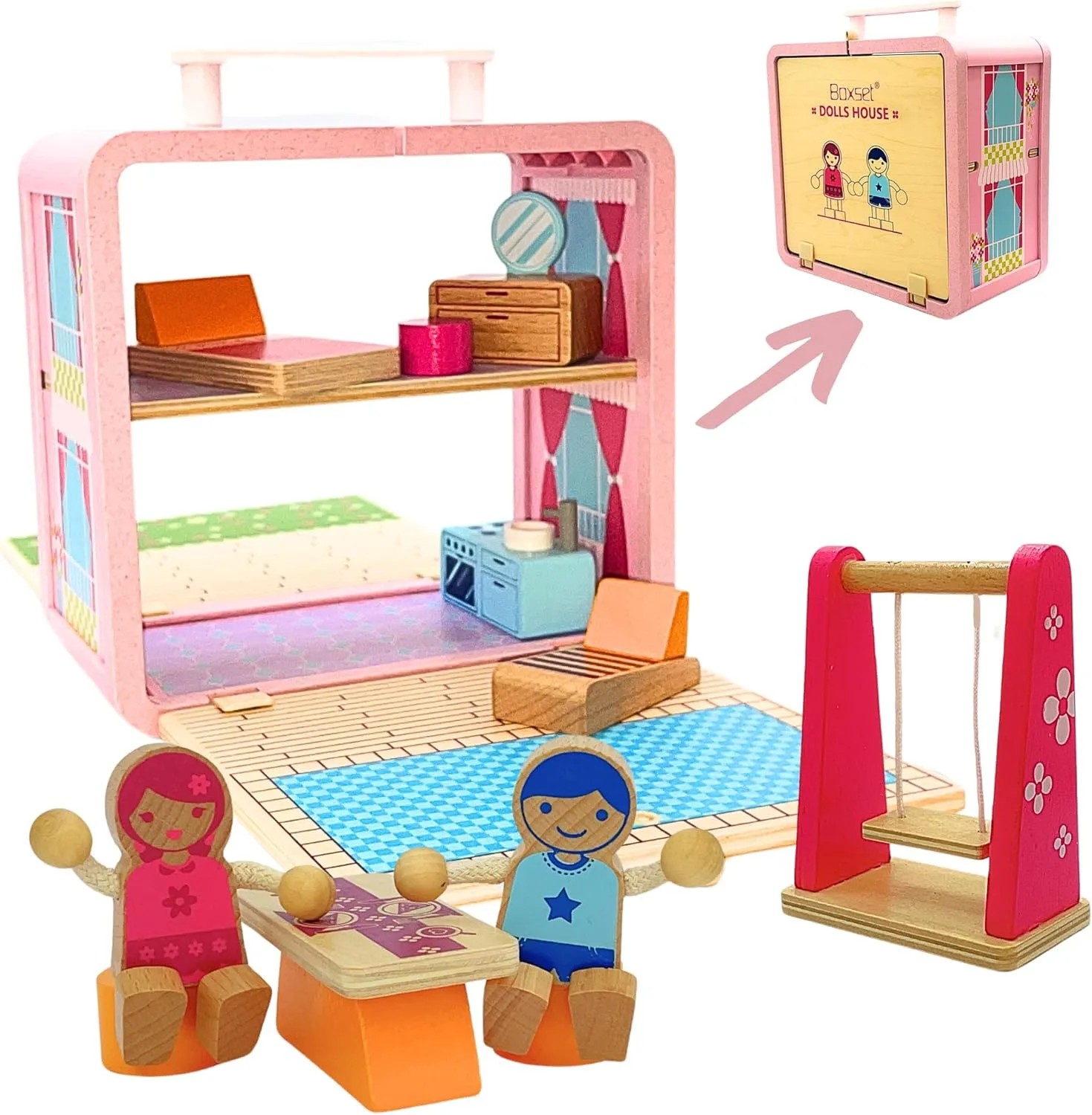Wooden Dollhouse - Portable & Foldable Doll House with Little People Figurines & Accessories - Classic Preschool & Toddler Toy with Furniture & Pretend Swing Playset