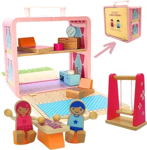 Wooden Dollhouse - Portable & Foldable Doll House with Little People Figurines & Accessories - Classic Preschool & Toddler Toy with Furniture & Pretend Swing Playset