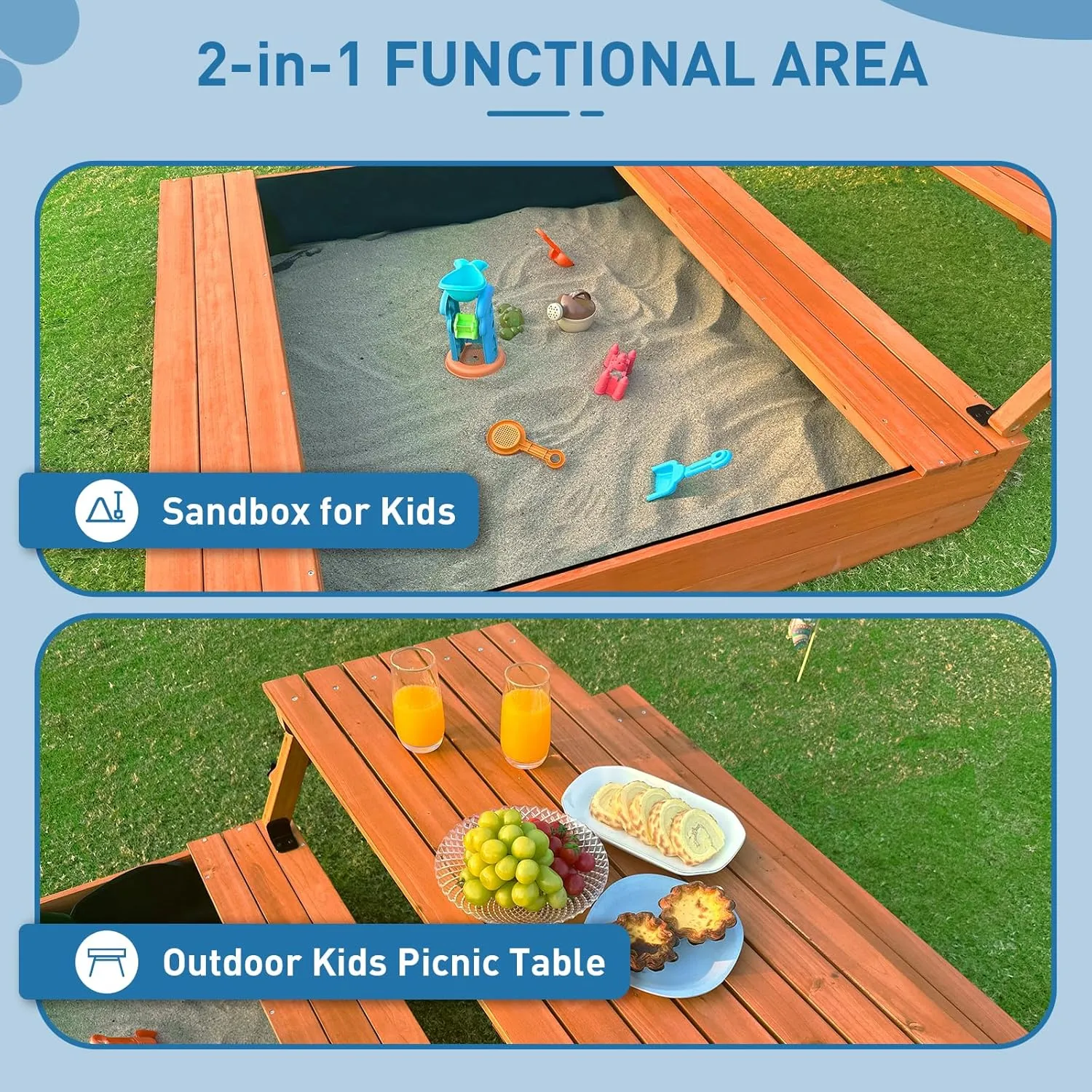 Wooden Kids Sandbox with Lid Sand Box with Cover Outdoor Sand Pit with Picnic Table Ages 4-8 Bottom Liner