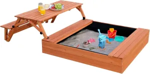 Wooden Kids Sandbox with Lid Sand Box with Cover Outdoor Sand Pit with Picnic Table Ages 4-8 Bottom Liner