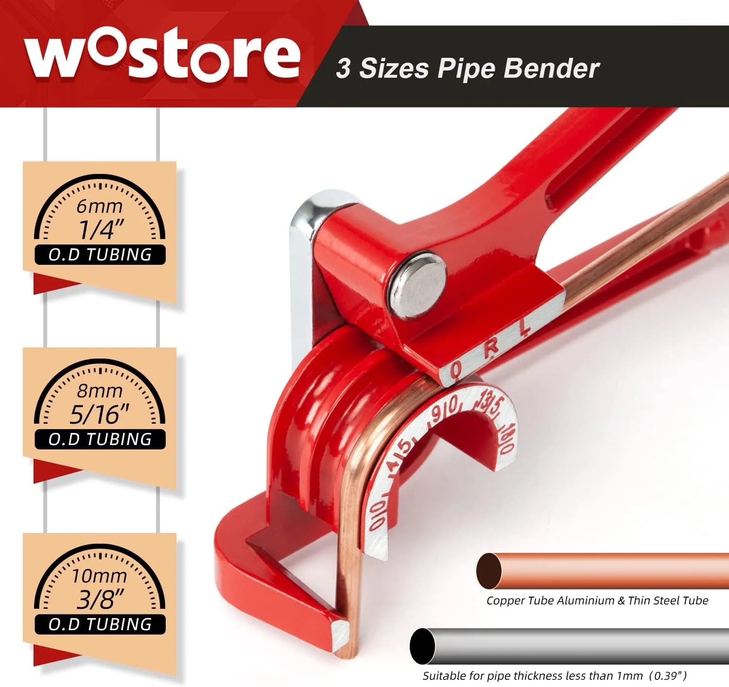 Wostore 180 Degree Tubing Bender for 1/4 5/16 and 3/8 Inch Copper Aluminum Thin Stainless Steel Red