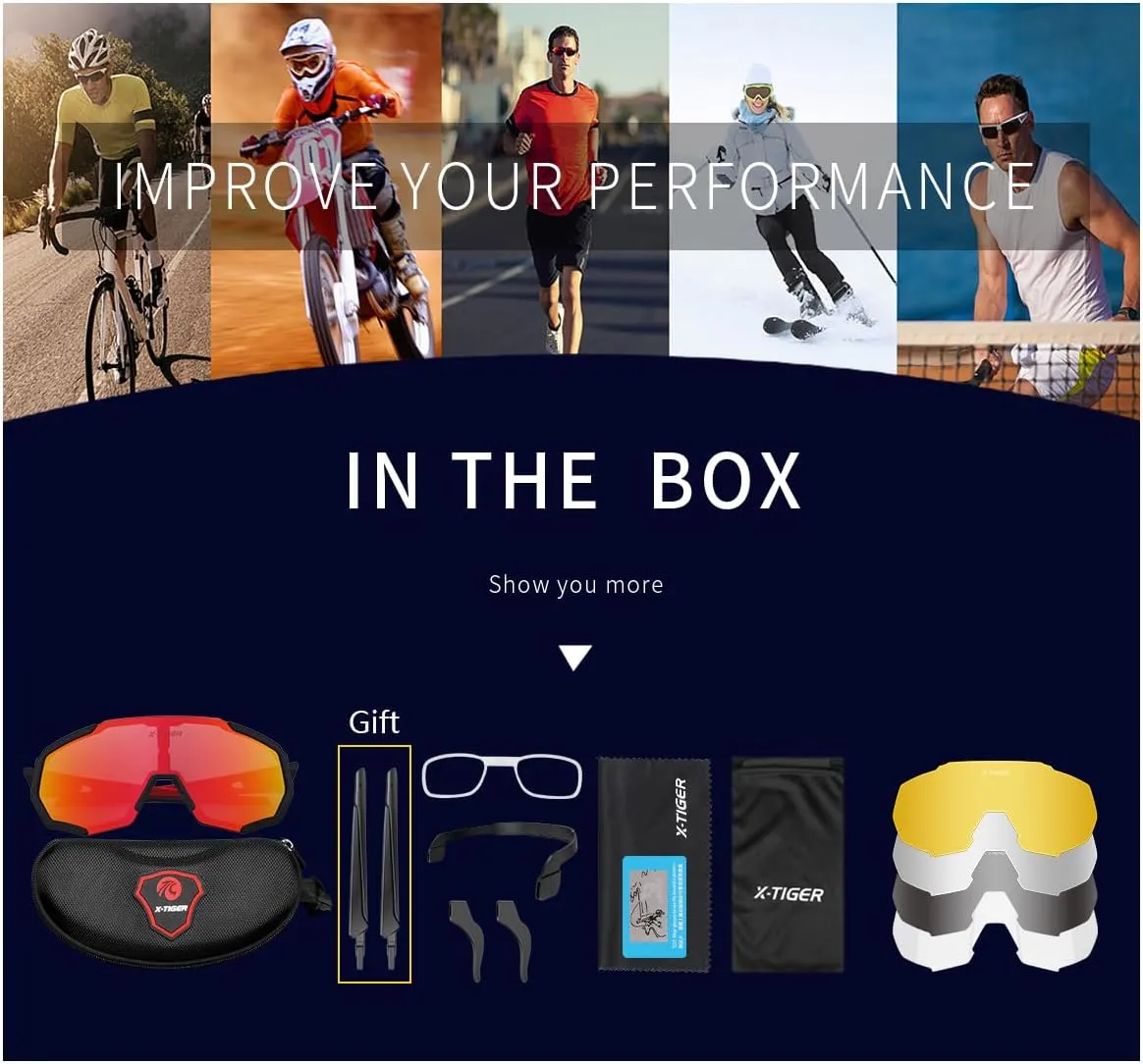 X-TIGER Polarized Sports Sunglasses with 5 Interchangeable Lenses,Mens Womens Cycling Bike Glasses,Baseball Running Fishing
