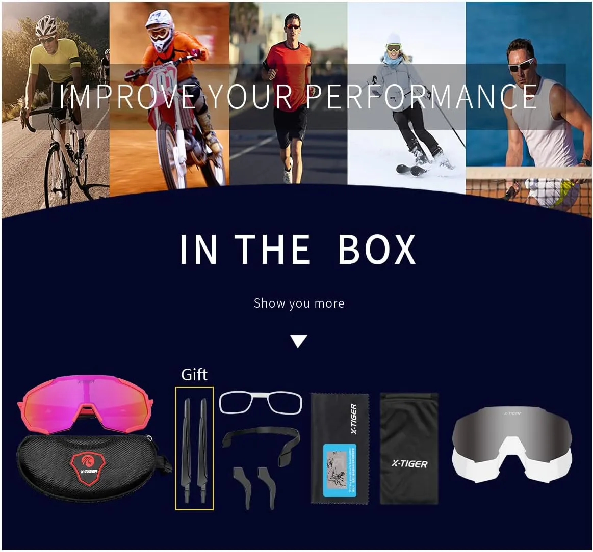 X-TIGER Polarized Sports Sunglasses with 5 Interchangeable Lenses,Mens Womens Cycling Bike Glasses,Baseball Running Fishing