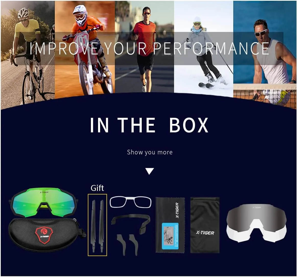 X-TIGER Polarized Sports Sunglasses with 5 Interchangeable Lenses,Mens Womens Cycling Bike Glasses,Baseball Running Fishing