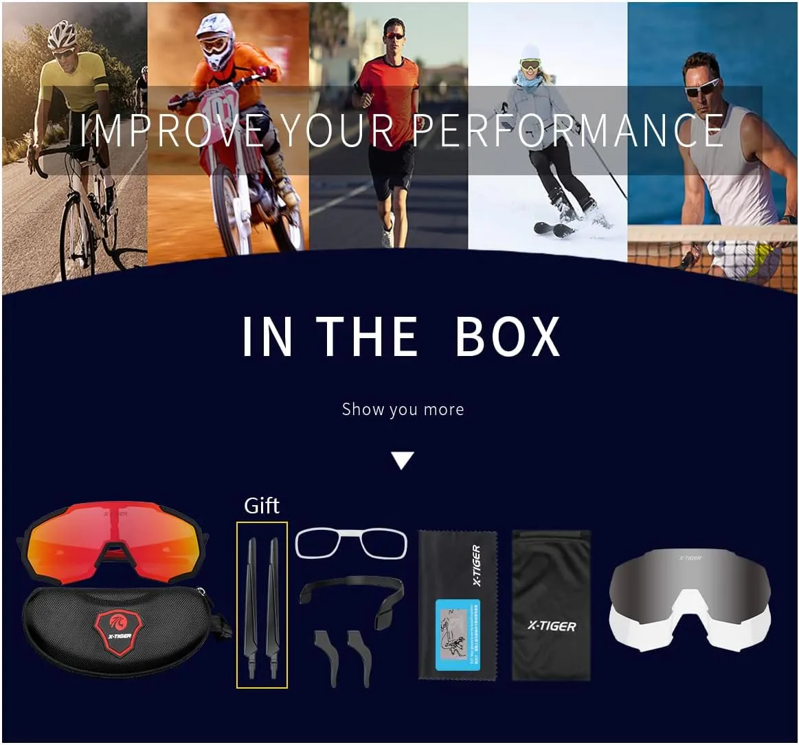 X-TIGER Polarized Sports Sunglasses with 5 Interchangeable Lenses,Mens Womens Cycling Bike Glasses,Baseball Running Fishing