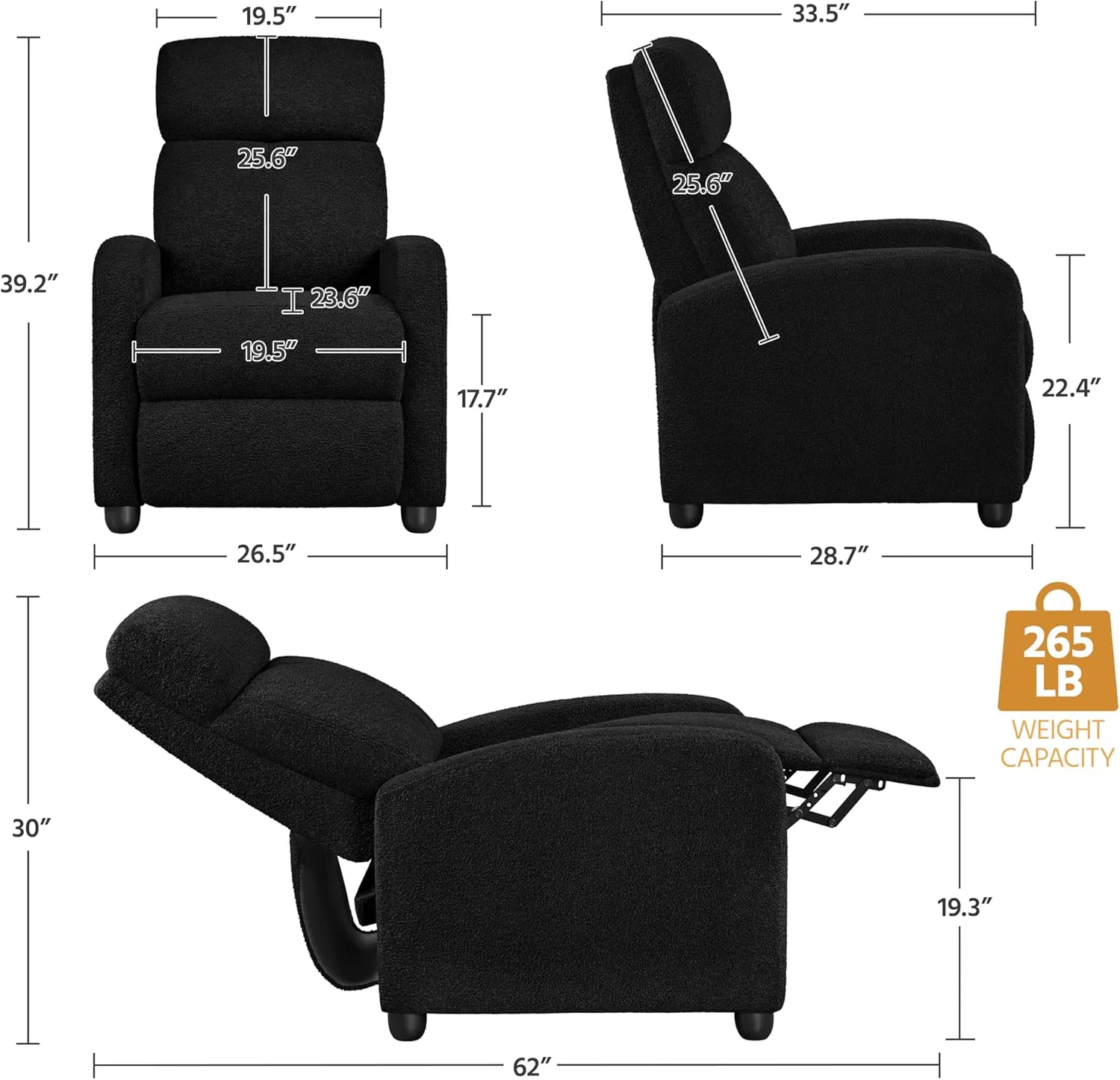 Yaheetech Boucle Recliner Chair Single Sofa Home Theater Seating Adjustable Modern Single Reclining Chair for Living Room Bedroom Home Theater Black