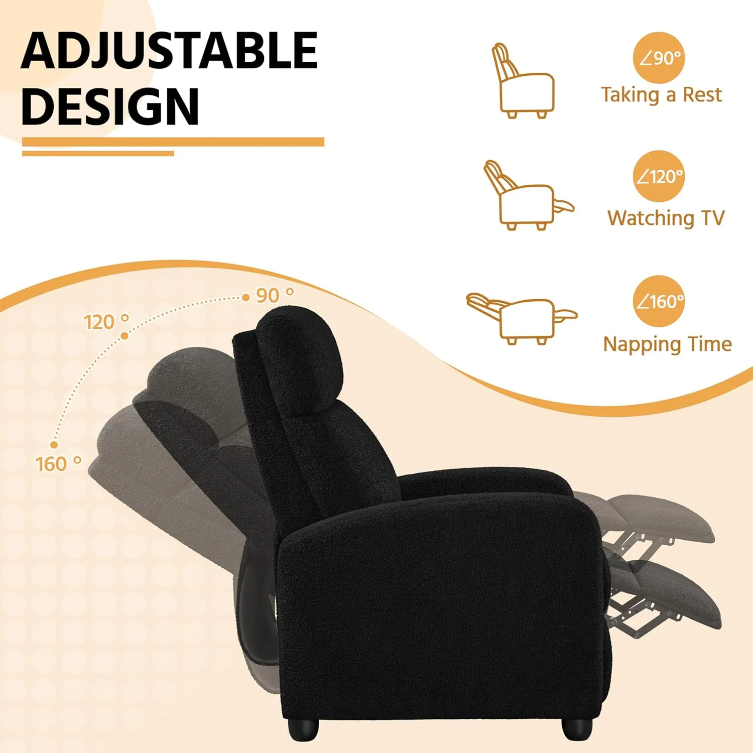 Yaheetech Boucle Recliner Chair Single Sofa Home Theater Seating Adjustable Modern Single Reclining Chair for Living Room Bedroom Home Theater Black