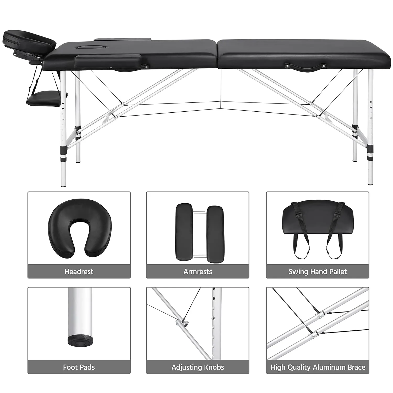 Yaheetech Massage Tables Portable Massage Bed Aluminium Height Adjustable Facial Salon Tattoo Bed with Non-Woven Bag, 24 inch Width Black