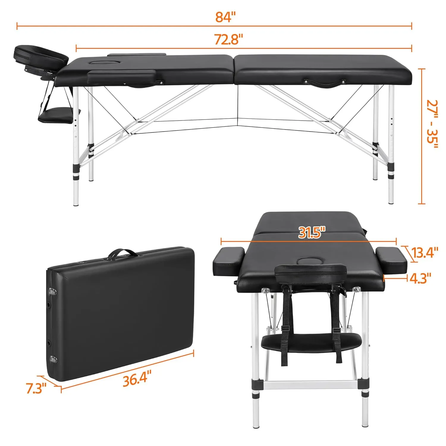 Yaheetech Massage Tables Portable Massage Bed Aluminium Height Adjustable Facial Salon Tattoo Bed with Non-Woven Bag, 24 inch Width Black
