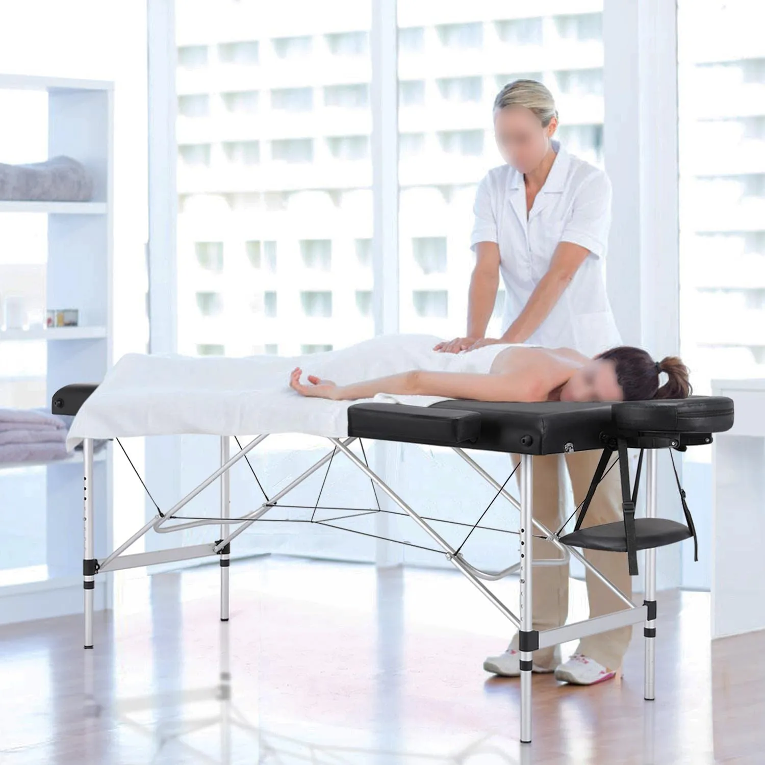 Yaheetech Massage Tables Portable Massage Bed Aluminium Height Adjustable Facial Salon Tattoo Bed with Non-Woven Bag, 24 inch Width Black