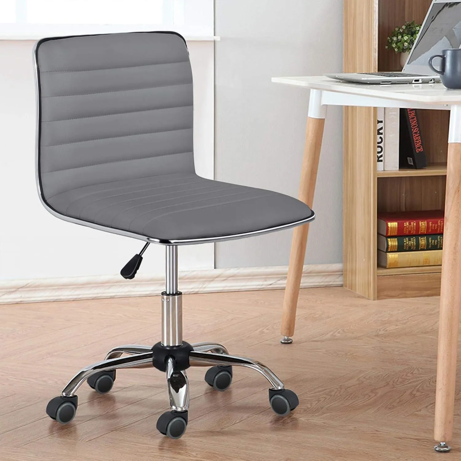 Yaheetech PU Leather Ribbed Armless Task Office Chair, Adjustable Low Back Executive Chair with Wheels Gray