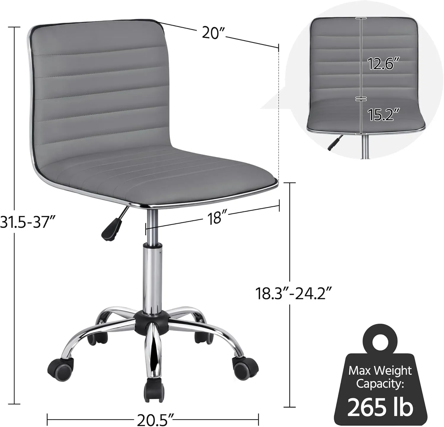 Yaheetech PU Leather Ribbed Armless Task Office Chair, Adjustable Low Back Executive Chair with Wheels Gray