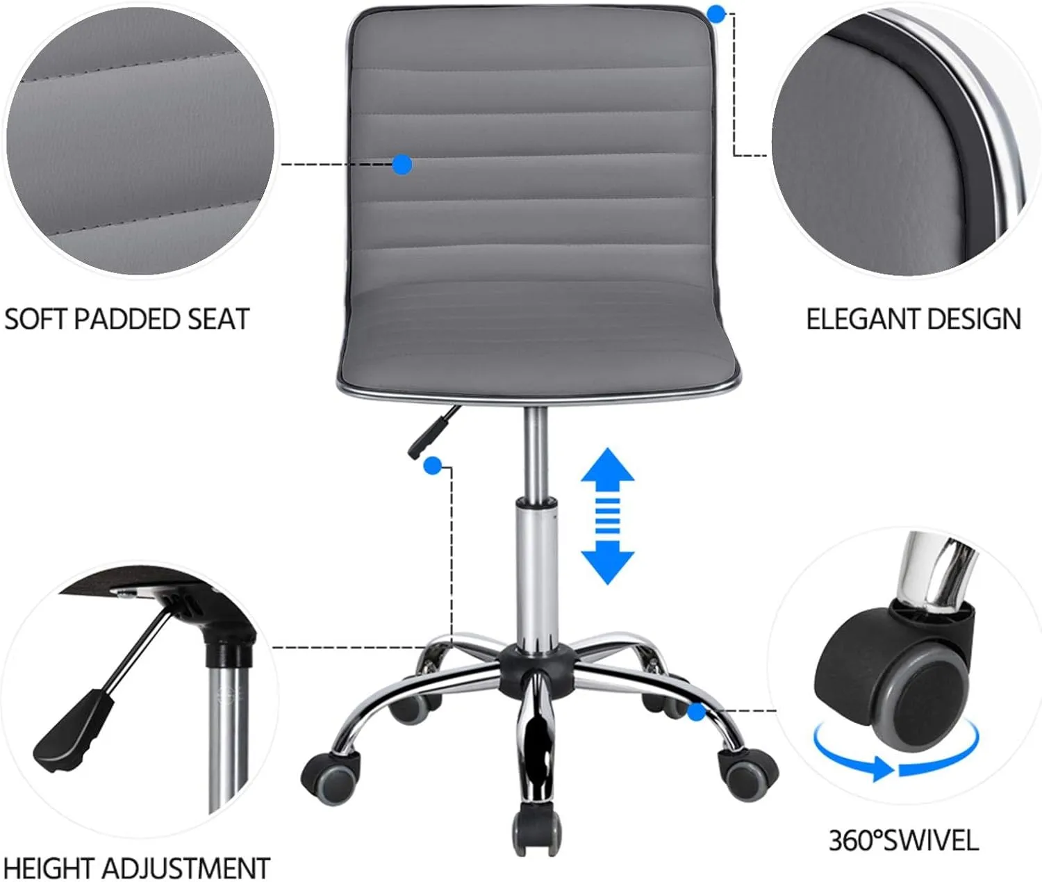 Yaheetech PU Leather Ribbed Armless Task Office Chair, Adjustable Low Back Executive Chair with Wheels Gray