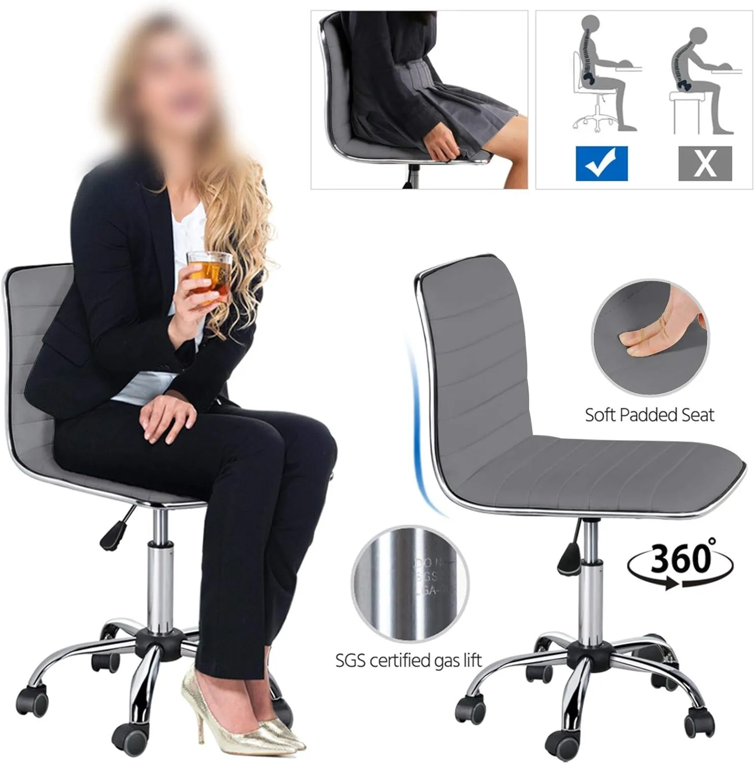 Yaheetech PU Leather Ribbed Armless Task Office Chair, Adjustable Low Back Executive Chair with Wheels Gray