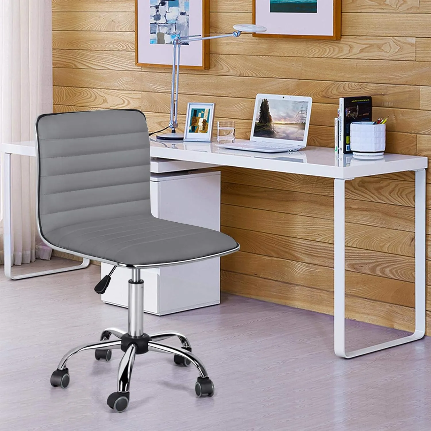 Yaheetech PU Leather Ribbed Armless Task Office Chair, Adjustable Low Back Executive Chair with Wheels Gray