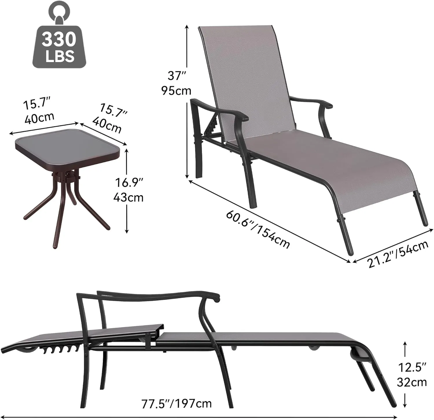 YITAHOME Outdoor Chaise Lounge Chair Set of 3, Patio Lounge Chair with Side Table and 5 Adjustable Positions, Textile Pool Chaise Lounger for Outdoor, Patio, Beach, Yard (Brown)