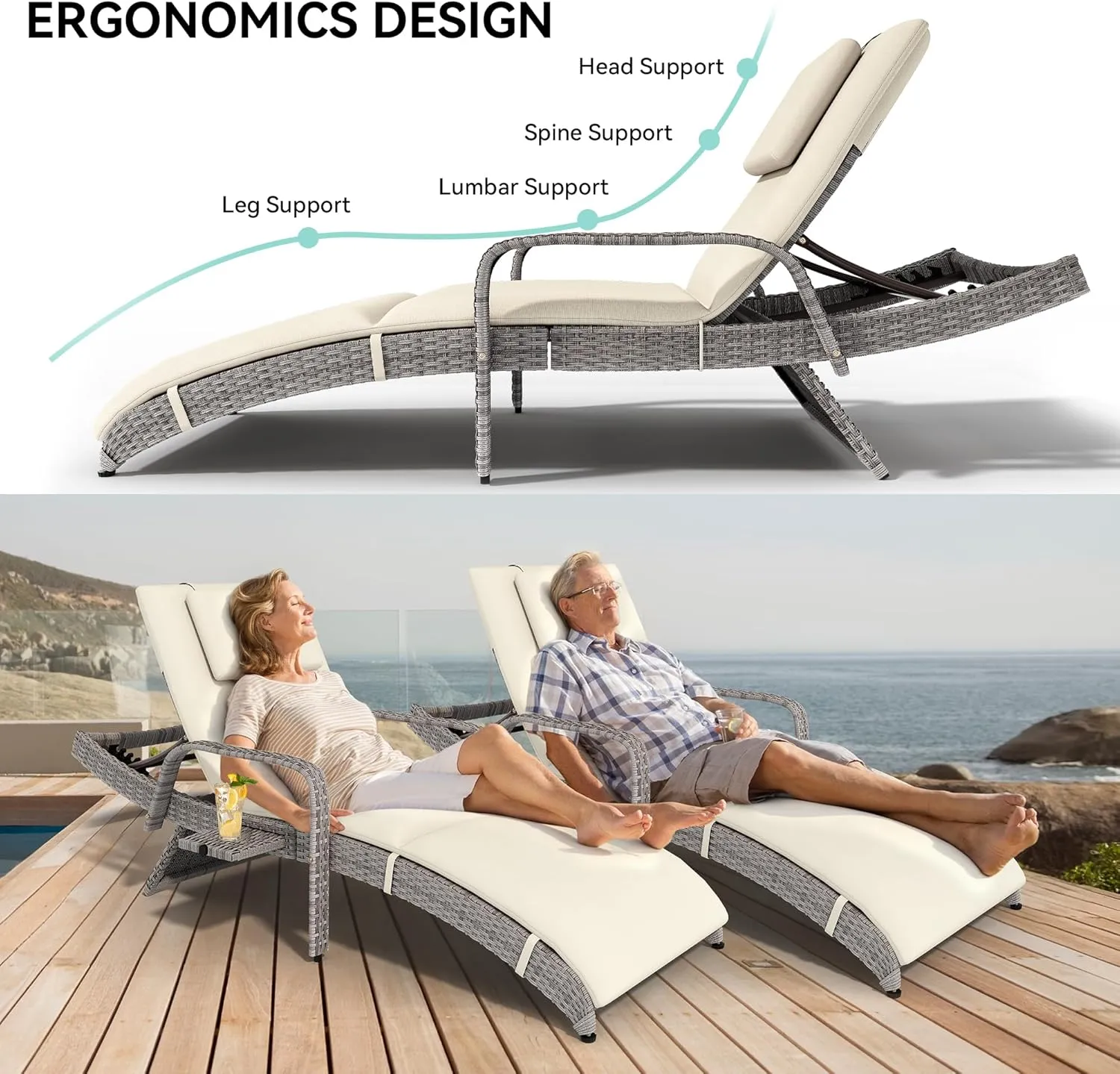 YITAHOME Wicker Chaise Lounge Outdoor, Rattan Pool Lounge Chair Reclining Chaise Lounge Set w/Pull-Out Desktop, 5-Position Backrest, Headrest & Cushion, Armrests for Poolside, Beach, Outside(Beige)
