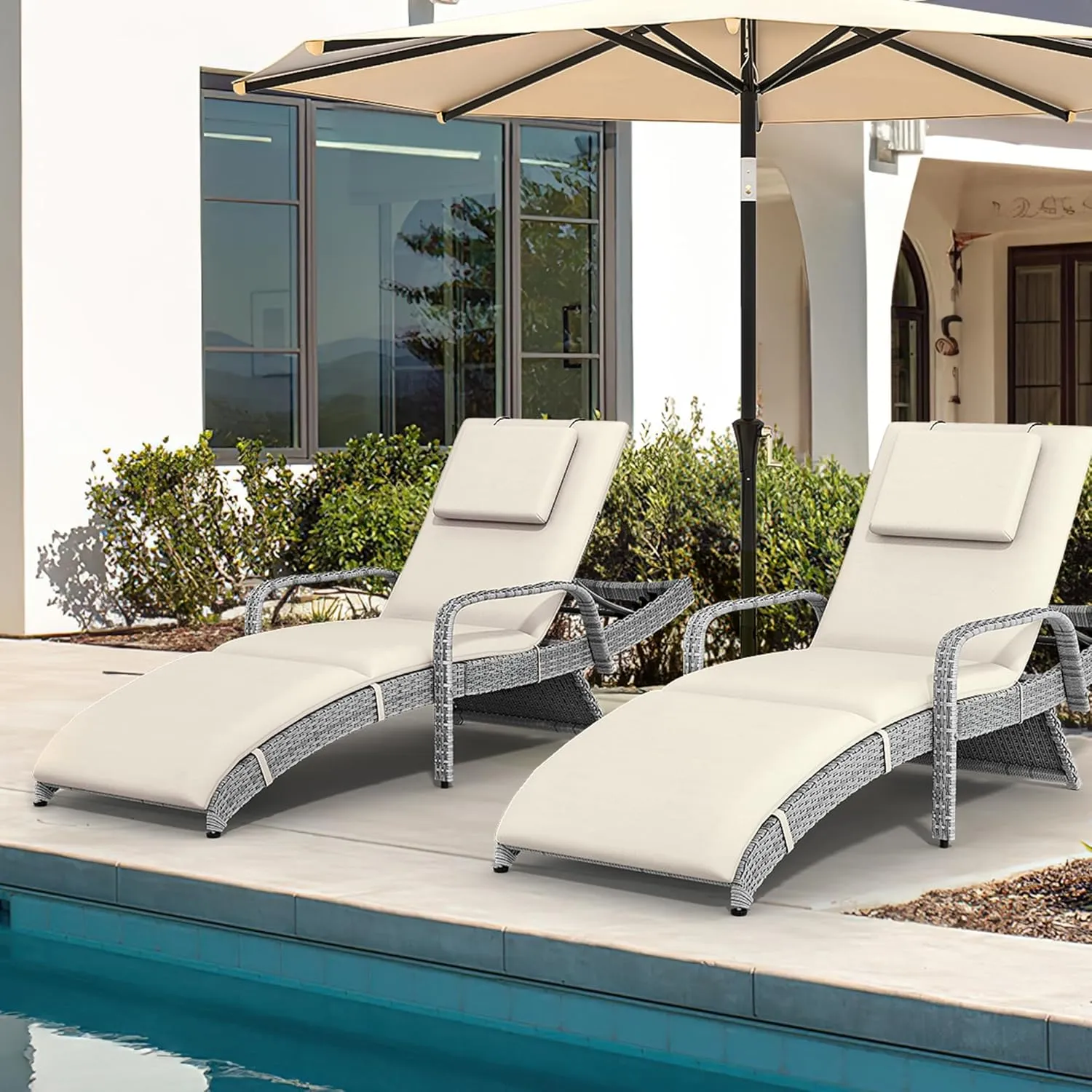 YITAHOME Wicker Chaise Lounge Outdoor, Rattan Pool Lounge Chair Reclining Chaise Lounge Set w/Pull-Out Desktop, 5-Position Backrest, Headrest & Cushion, Armrests for Poolside, Beach, Outside(Beige)