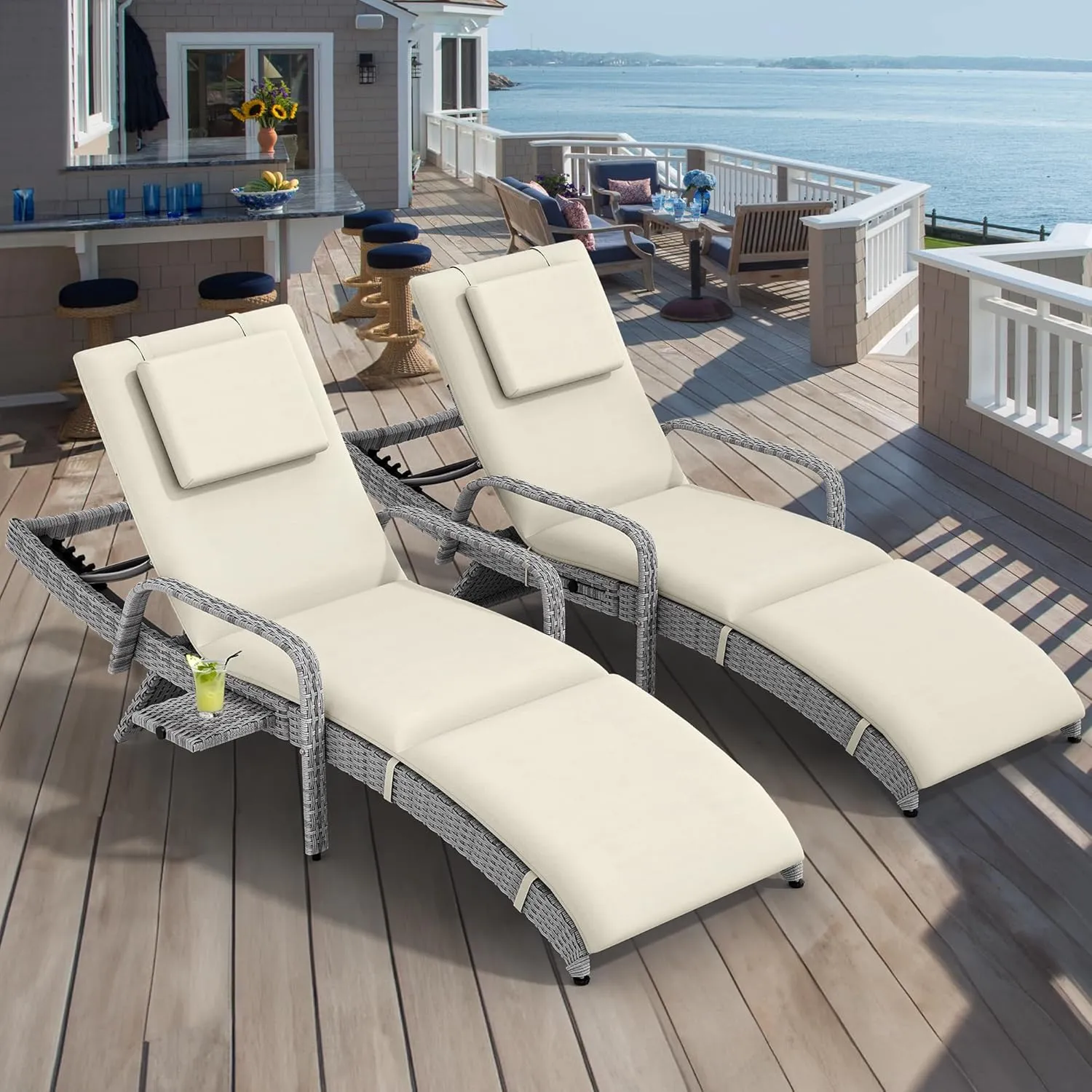 YITAHOME Wicker Chaise Lounge Outdoor, Rattan Pool Lounge Chair Reclining Chaise Lounge Set w/Pull-Out Desktop, 5-Position Backrest, Headrest & Cushion, Armrests for Poolside, Beach, Outside(Beige)