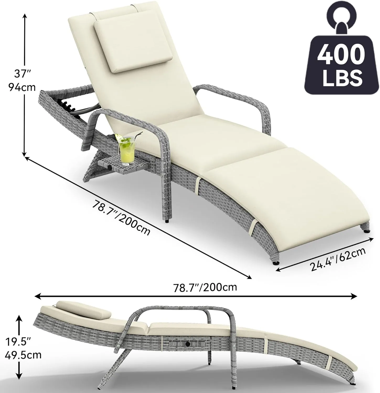 YITAHOME Wicker Chaise Lounge Outdoor, Rattan Pool Lounge Chair Reclining Chaise Lounge Set w/Pull-Out Desktop, 5-Position Backrest, Headrest & Cushion, Armrests for Poolside, Beach, Outside(Beige)