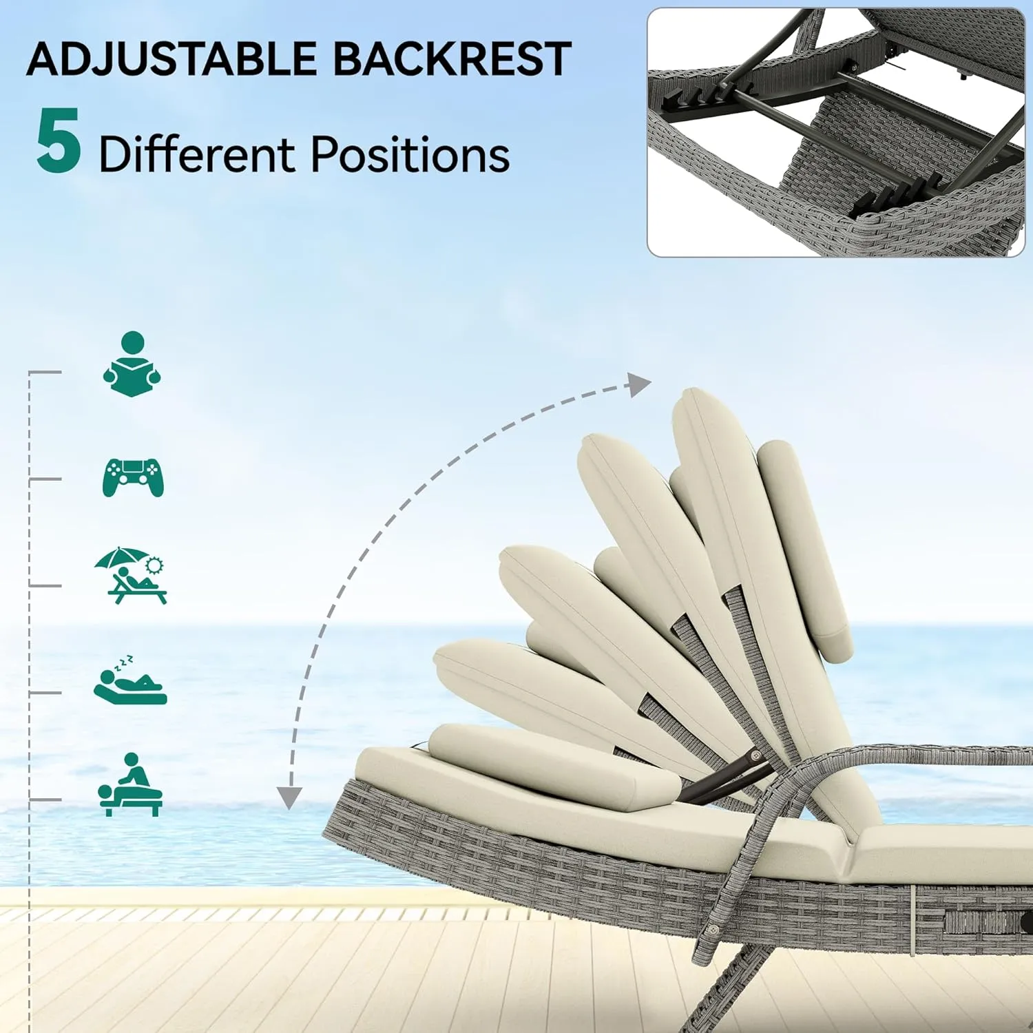 YITAHOME Wicker Chaise Lounge Outdoor, Rattan Pool Lounge Chair Reclining Chaise Lounge Set w/Pull-Out Desktop, 5-Position Backrest, Headrest & Cushion, Armrests for Poolside, Beach, Outside(Beige)