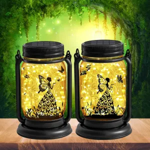 YJFWAL 2 Pack Outdoor Hanging Solar Lanterns, Birthday Mothers Day Gifts for Women Mom Grandma,Fairy Butterfly Vintage Glass Mason Jar, Waterproof Garden Lights for Patio Yard Lawn Tree Party Decor