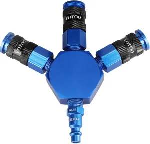 YOTOO 3-Way Air Manifold, Air Hose Splitter with Aluminum 3 Universal Quick Connect Couplers and 1/4" NPT Male Industrial Air Plug for connecting air compressor, air hoses and air tools, Blue