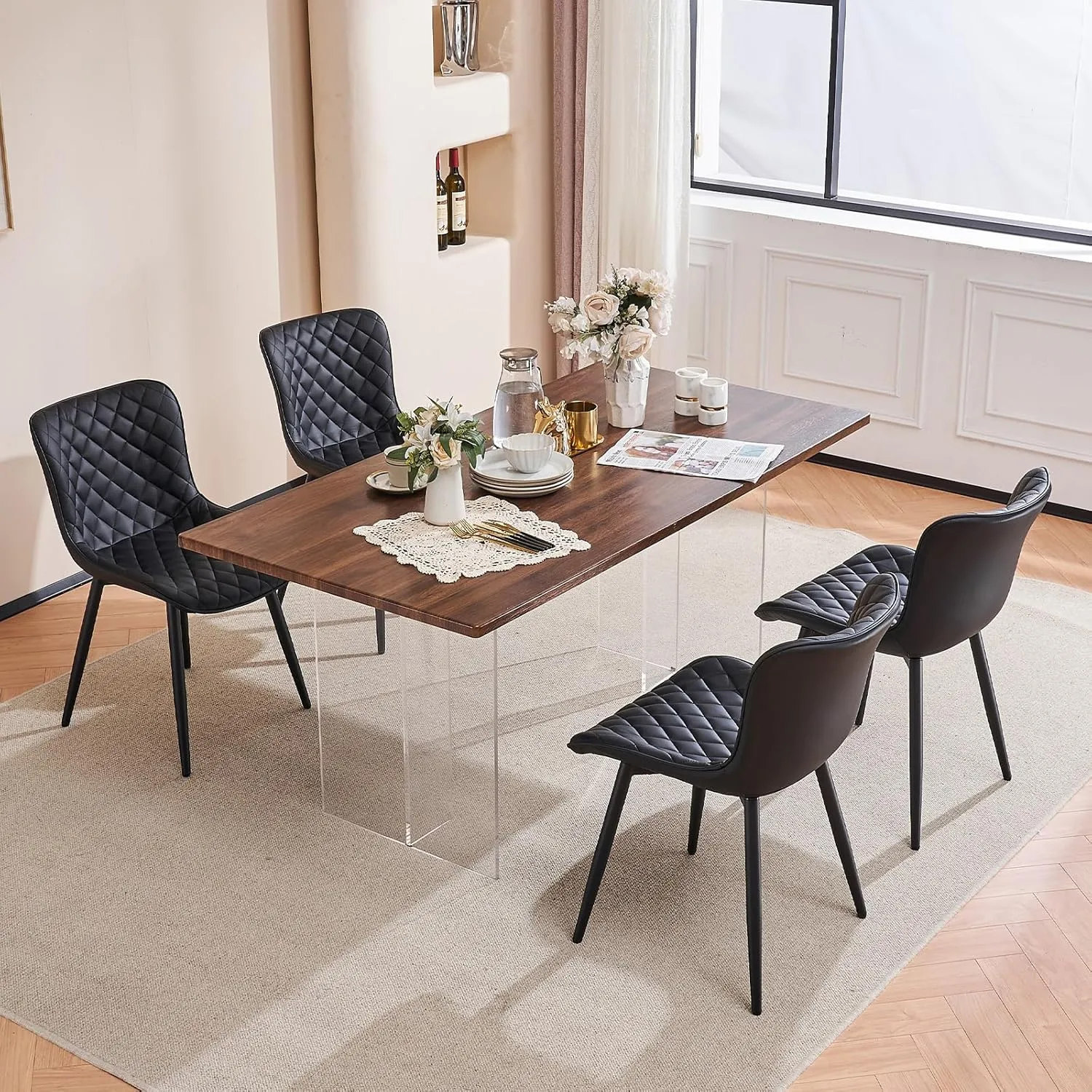 YOUNIKE Dining Kitchen Desk Chairs Modern Minimalist Faux Leather Indoor Padded Upholstered with Back Suitable for Kitchen Living Room Coffee Shop, Loads up to 300lbs Set of 2 Black