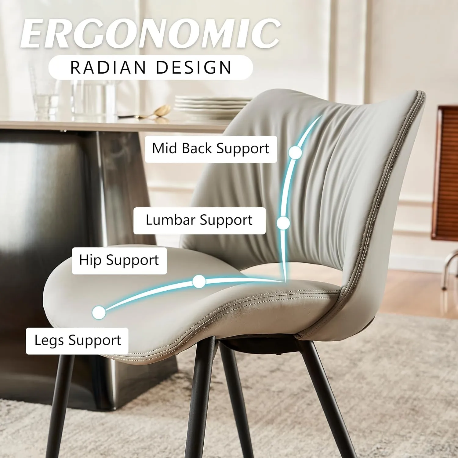 YOUTASTE Dining Chairs Set of 2 Modern Kitchen Dining Room Chair Armless Faux Leather Dinner Chair with Curved Backrest,Metal Legs and Padded Seat Gray