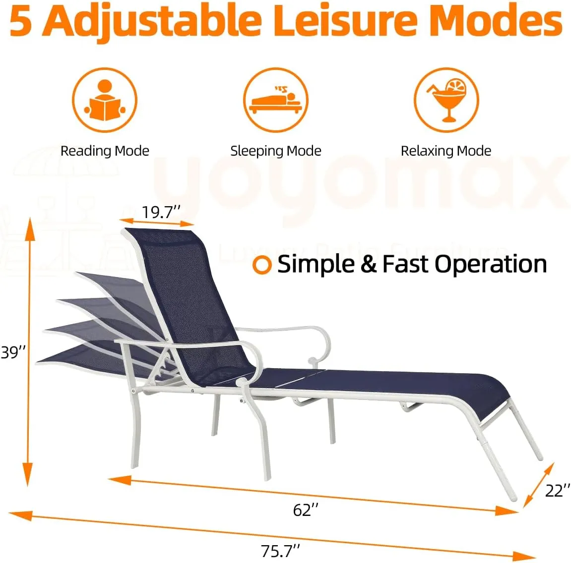 yoyomax Chaise Lounge Outdoor w/Adjustable Back in 5 Reclining Levels, Sturdy Metal Frame, Sunbathing Chair for Beach, Yard, Balcony, Poolside, Dark Blue