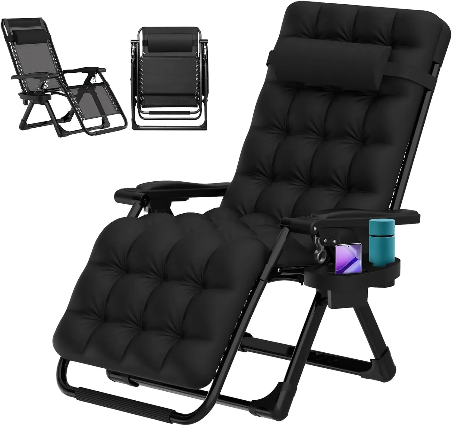 ZENPETIO Zero Gravity Lounge Chair, Outdoor Recliner Chair w/Detachable Cushion Cup Holder and Pillow, Portable Folding Anti Gravity Reclining Chair for Outdoor Camping Patio Lawn Pool, Black