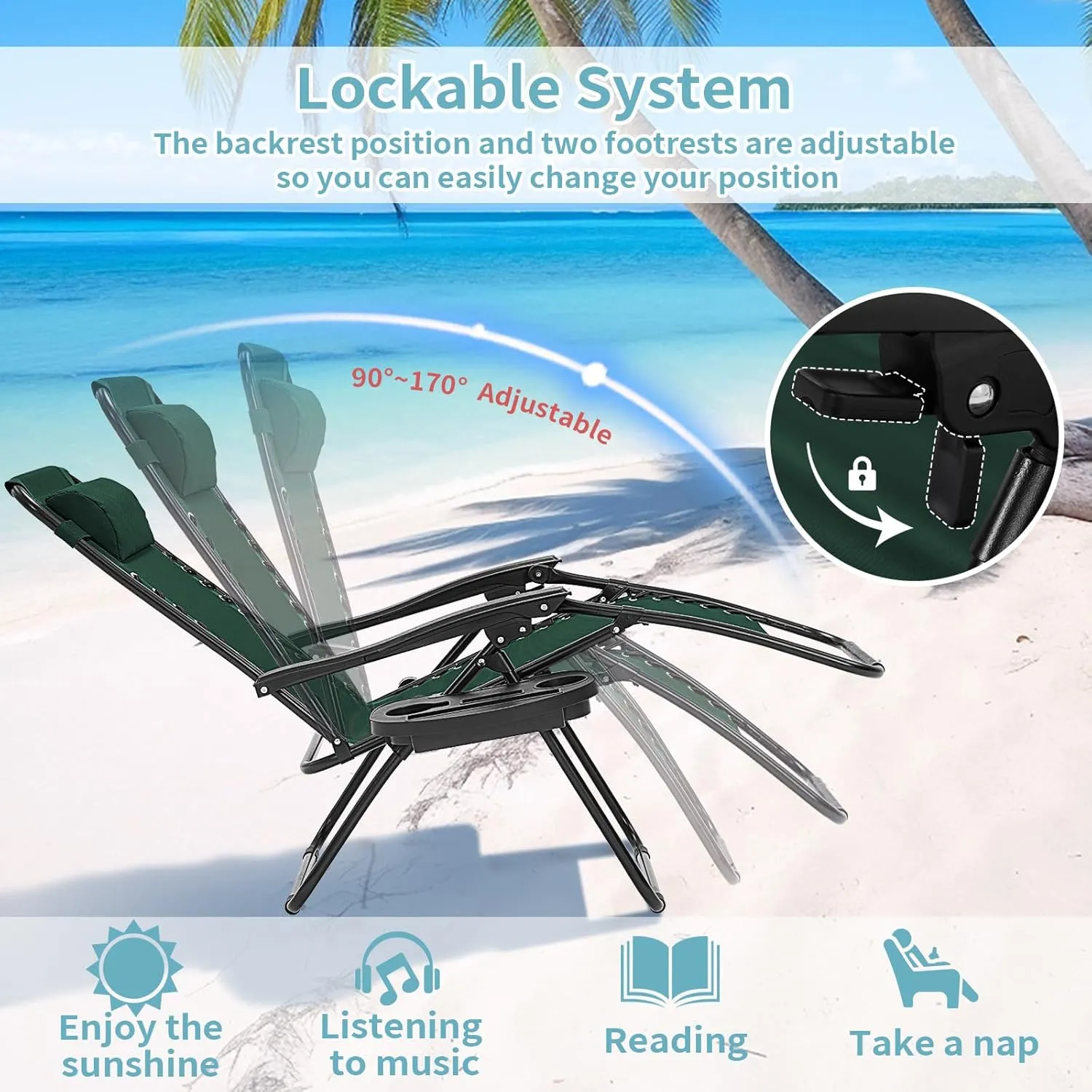 Zero Gravity Chair, 350 lbs Capacity, Reclining Folding Outdoor Chairs with Adjustable Headrest & Cup Holder, Anti - Gravity Loungers for Backyard, Patio, Lawn, Poolside (Forest Green)