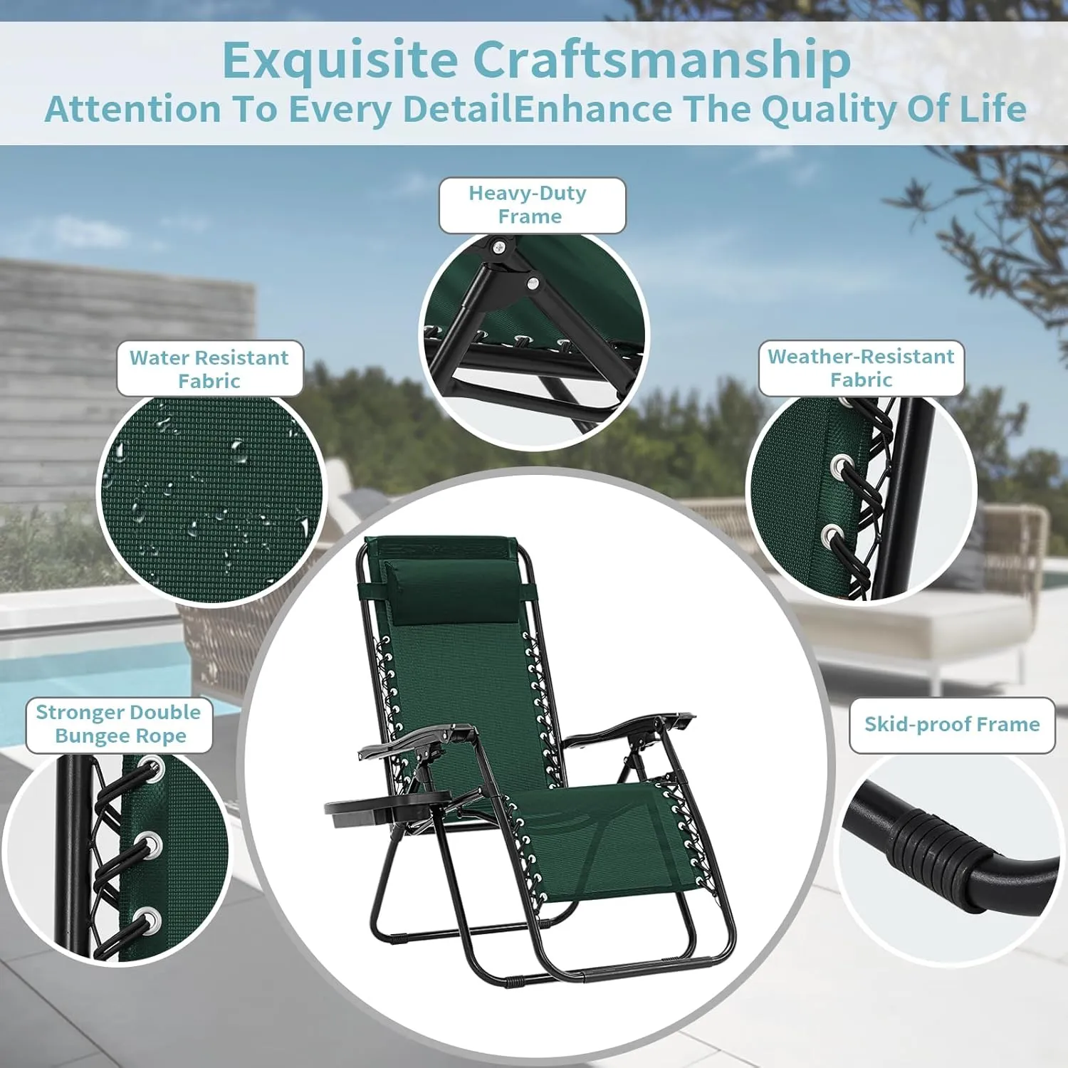Zero Gravity Chair, 350 lbs Capacity, Reclining Folding Outdoor Chairs with Adjustable Headrest & Cup Holder, Anti - Gravity Loungers for Backyard, Patio, Lawn, Poolside (Forest Green)