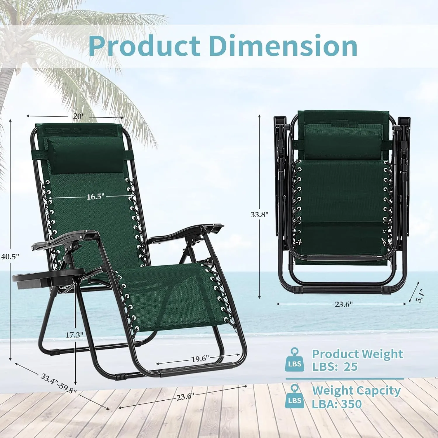 Zero Gravity Chair, 350 lbs Capacity, Reclining Folding Outdoor Chairs with Adjustable Headrest & Cup Holder, Anti - Gravity Loungers for Backyard, Patio, Lawn, Poolside (Forest Green)