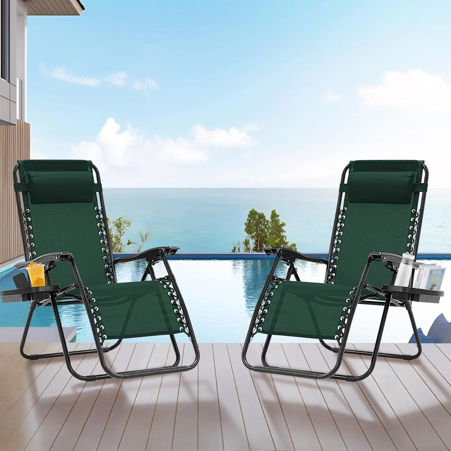 Zero Gravity Chair, 350 lbs Capacity, Reclining Folding Outdoor Chairs with Adjustable Headrest & Cup Holder, Anti - Gravity Loungers for Backyard, Patio, Lawn, Poolside (Forest Green)