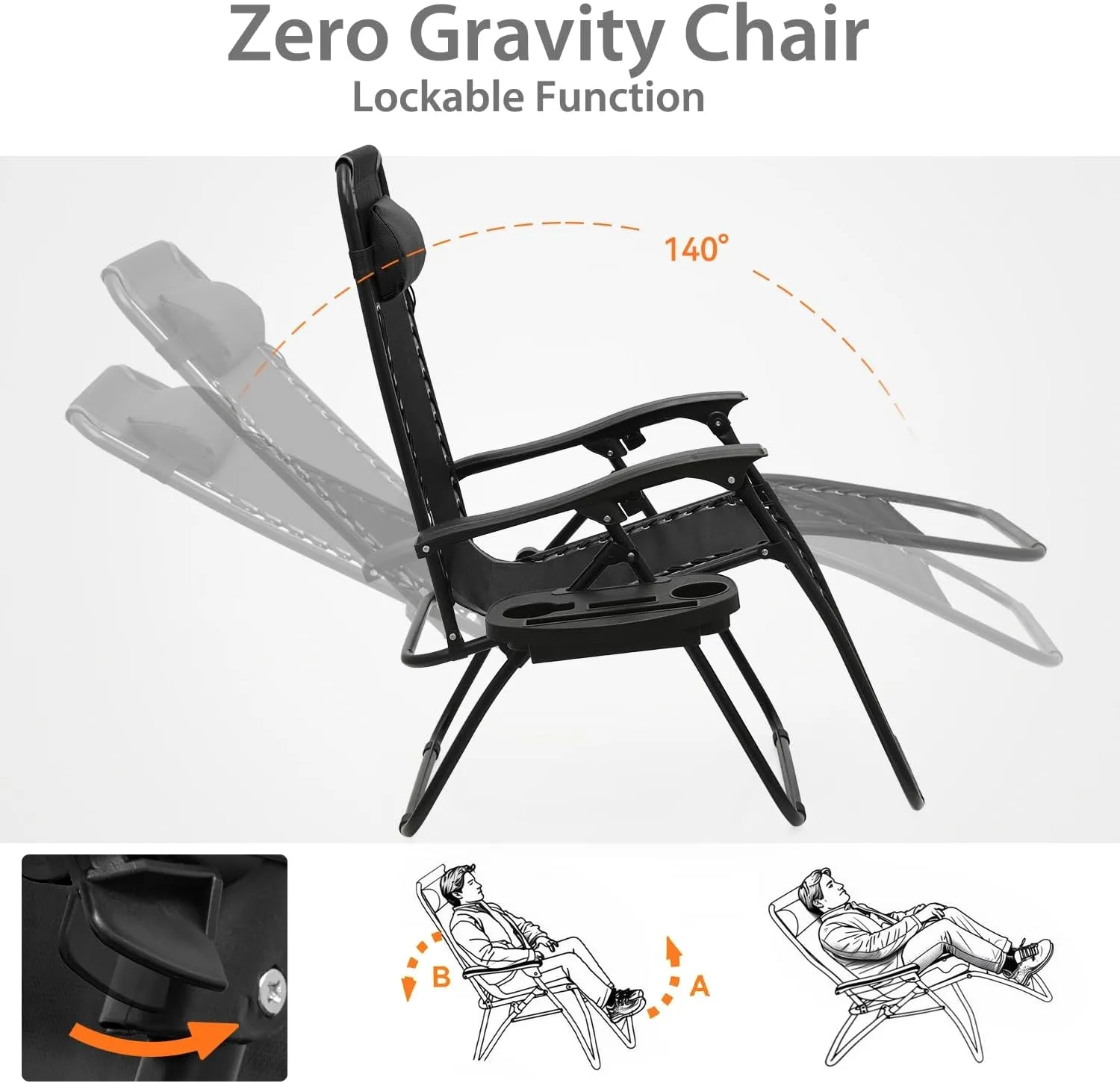 Zero Gravity Chairs, Portable Folding Reclining Lounge Chairs with Adjustable Pillow and Cup Holder Trays for Outdoor, Patio, Beach, Camping, Garden, Poolside, Set of 2 Black